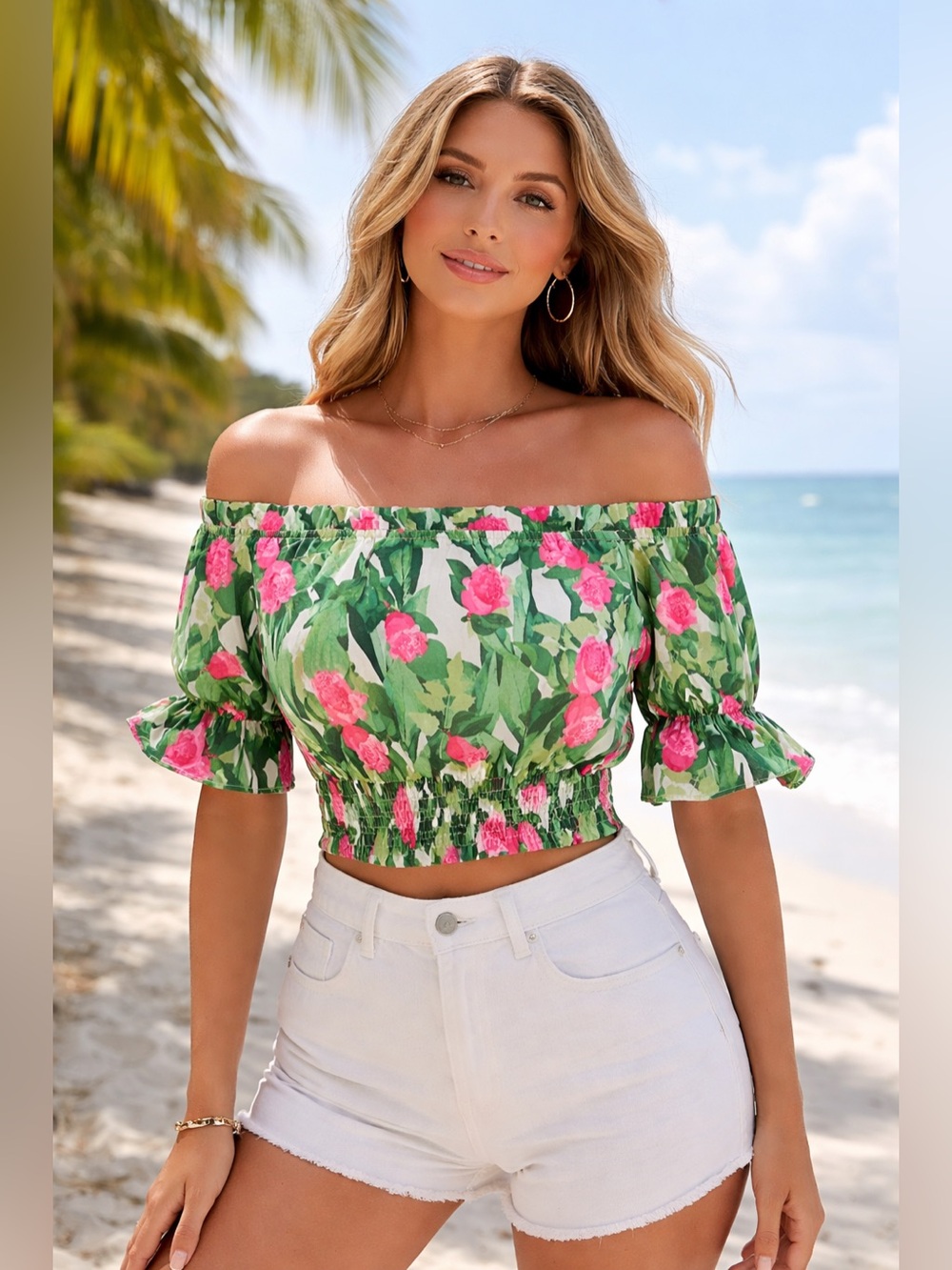 Floral Off-Shoulder Smocked Tropical Crop Top in Green and Pink Resort Wear